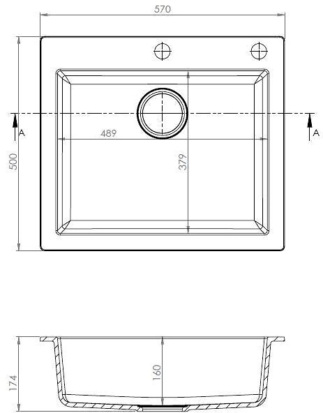 Granite Sink AXIS Mojito 570E Moonlight Grey Technical draft