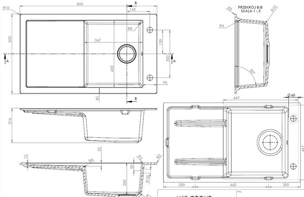 Granite Sink AXIS Tramontana 860.0E Moonlight Grey Technical draft