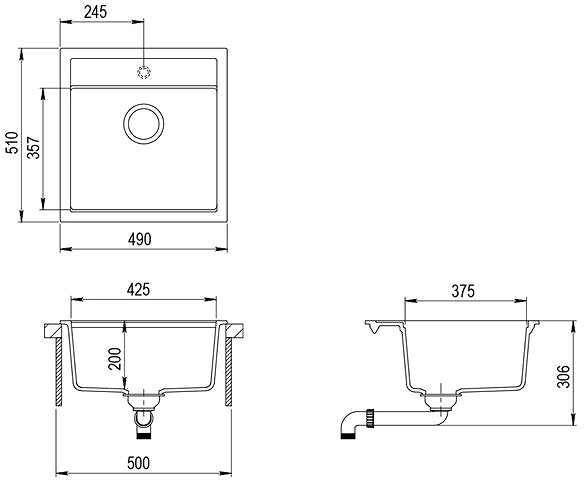 Granite Sink AQUASANITA Tesa 490 Alumetallic Technical draft