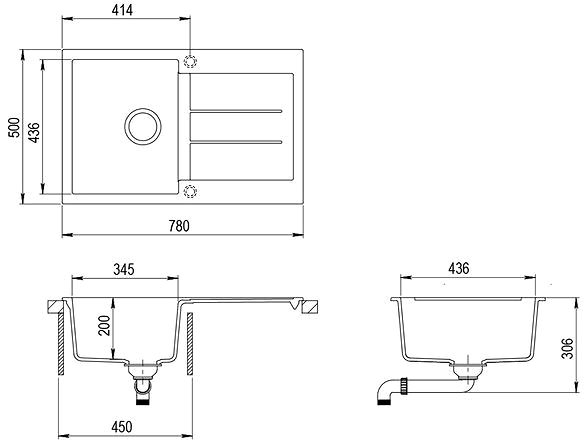 Granite Sink AQUASANITA Tesa 780.0E Alumetallic Technical draft