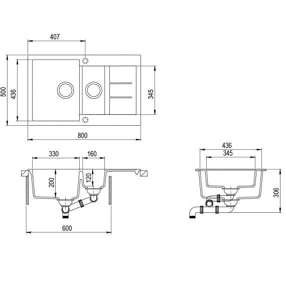 Granite Sink AQUASANITA Tesa 800.15E Black Metallic Technical draft