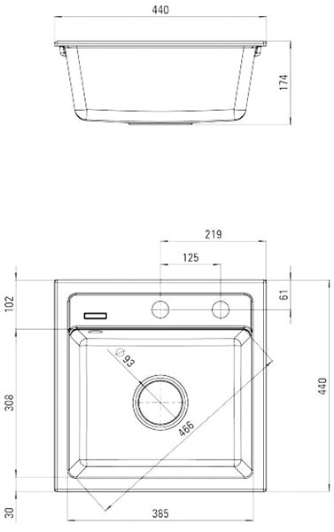 Granite Sink DEANTE Zorba 440E Grey Metallic Technical draft
