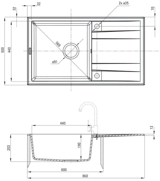 Granite Sink DEANTE Eridan 860.0E Black Metallic Technical draft