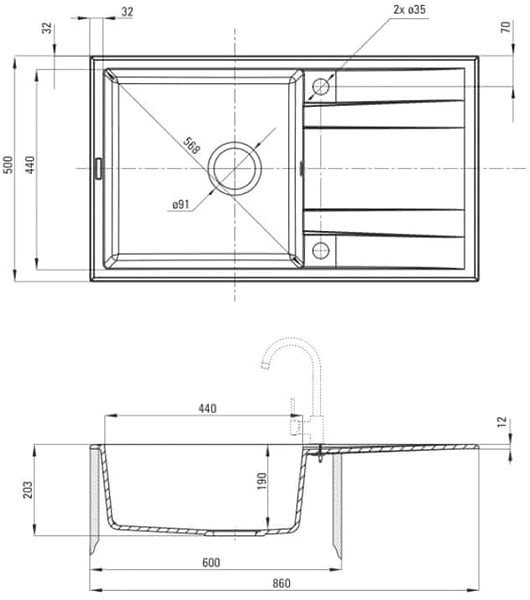 Granite Sink DEANTE Eridan 860.0E Grey Metallic Technical draft