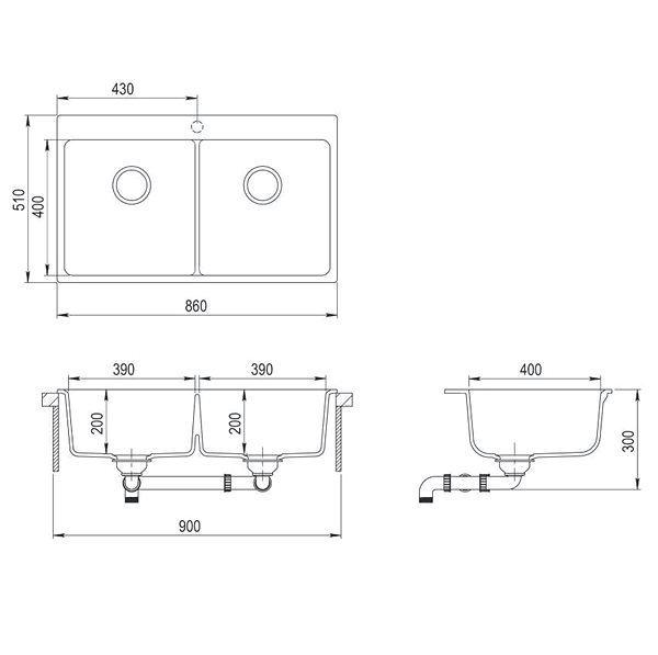 Granite Sink AQUASANITA Magna 860.2E Black metallic Technical draft
