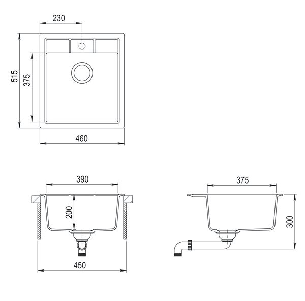 AQUASANITA Nova 460E Beige granite sink Technical drawing