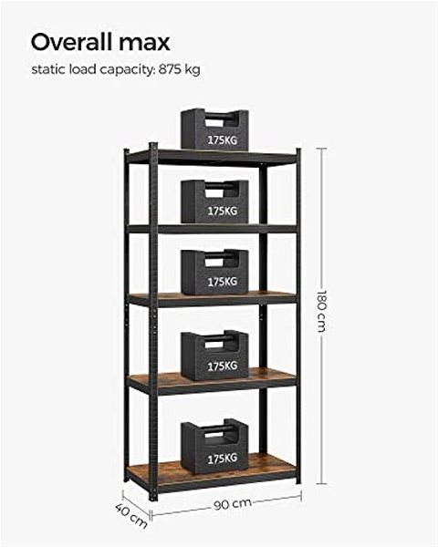 Shelving Unit SONGMICS Shelf 5 shelves, industrial, 180 × 90 × 40 cm, brown-black ...