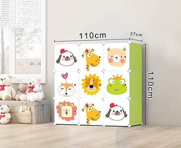 Shelving Unit ModernHome Children's modular wardrobe, shelf, 9 modules, animals, white-green ...