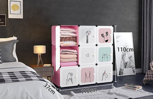 Shelving Unit ModernHome Children's modular wardrobe, shelf, 9 modules, animals, white and pink ...
