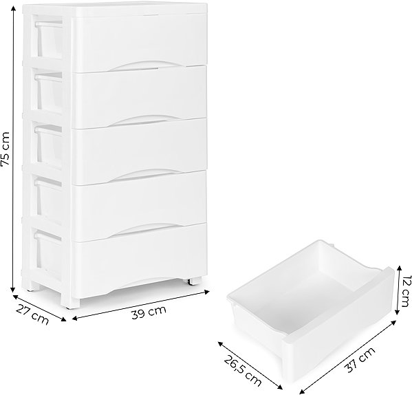 Tároló polc ModernHome PJJCBS0024-05B Tárolópolc 5 fiókkal, kerekes, 75 × 27 × 39 cm, fehér ...