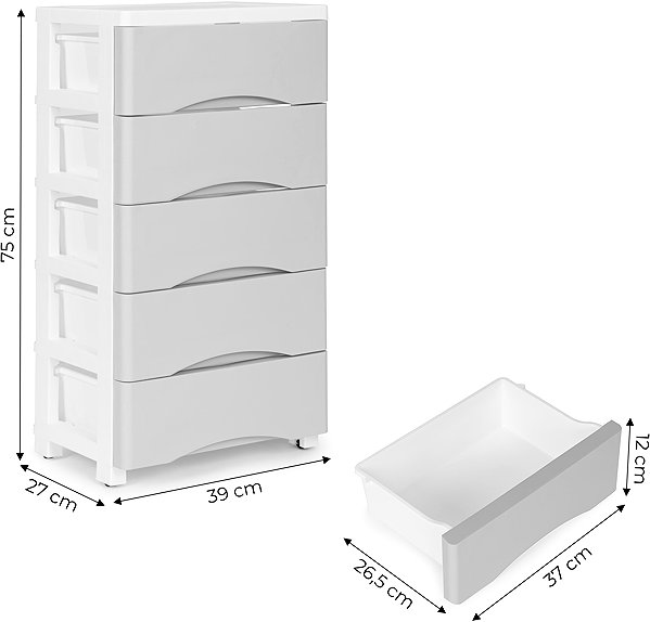 Tároló polc ModernHome PJJCBS0024-05A Tároló polc 5 fiókkal, görgőkön, 75 × 27 × 39 cm, szürke ...