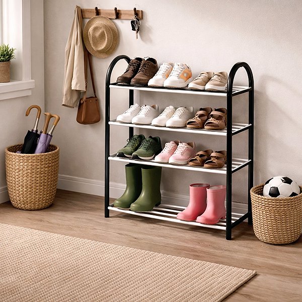 Shoe Rack DOCHTMANN Plastic shoe rack 4 shelves, 50 × 19 × 66 cm, black ...