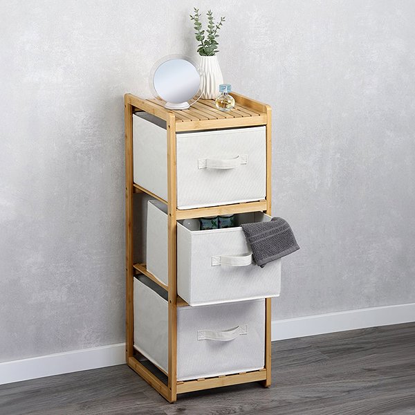 Shelving Unit KESPER Bamboo shelf with three storage boxes 29,5 × 33,5 × 87 cm ...
