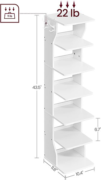 Shoe Rack VASAGLE Shoe rack 7 shelves narrow with hooks white 30 × 26,4 × 110,4 cm ...