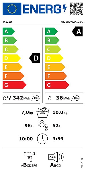 Mosó-szárítógép XIAOMI Mijia Front Load Washer Dryer Pro 10 kg EU Energia címke