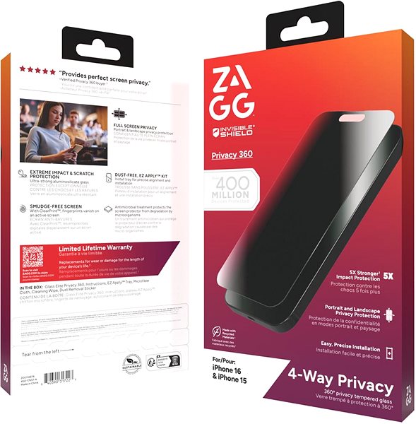 Glass Screen Protector ZAGG InvisibleShield Glass Elite Privacy 360 Apple iPhone 16/15 ...