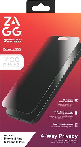 Glass Screen Protector ZAGG InvisibleShield Glass Elite Privacy 360 Apple iPhone 16 Plus/15 Plus ...