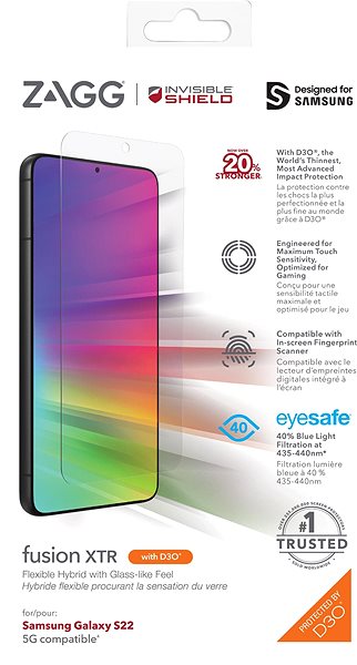 Glass Screen Protector InvisibleShield GlassFusion XTR with D3O for Samsung Galaxy S22 5G Packaging/box