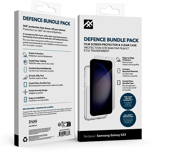 Handyhülle ZAGG iFrogz Defence Bundle Pack für Samsung Galaxy S23 - Schutzfolie und transparente Schutzhülle ...