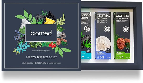 Fogkrém BIOMED Charcoal, Calcimax, Gum Health Férfi ajándékszett 3× 100 g Csomag tartalma