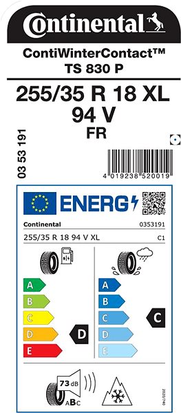 Zimní pneumatika Continental ContiWinterContact TS 830 P 255/35 R18 94 V Energetický štítek