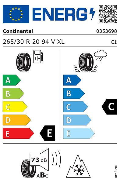 Zimní pneumatika Continental ContiWinterContact TS 830 P 265/30 R20 94 V Energetický štítek