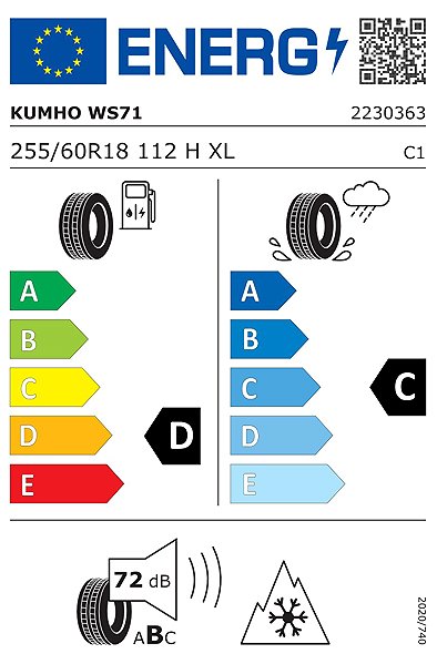 Zimní pneumatika Kumho WS71 WinterCraft 255/60 R18 112 H Energetický štítek