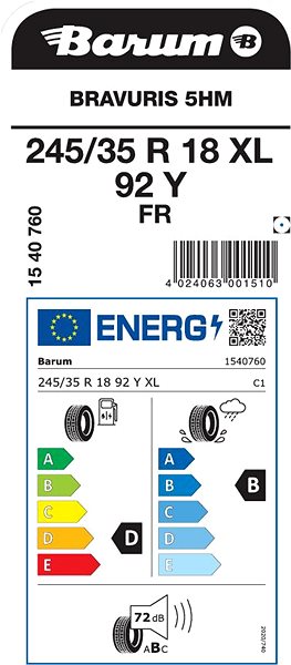 Letní pneumatika Barum Bravuris 5HM 245/35 R18 92 Y Energetický štítek