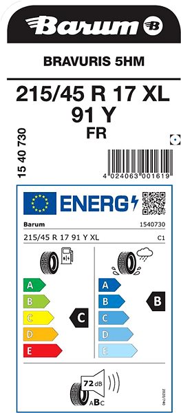 Letná pneumatika Barum Bravuris 5HM 215/45 R17 91 Y Energetický štítok
