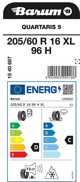 Celoročná pneumatika Barum Quartaris 5 205/60 R16 96 H Energetický štítok