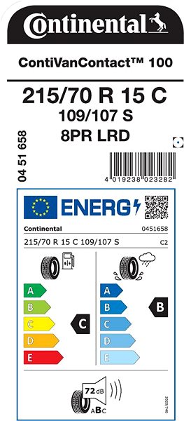 Letní pneumatika Continental ContiVanContact 100 215/70 R15 109 S Energetický štítek