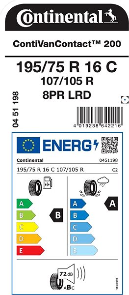 Letní pneu Continental ContiVanContact 200 195/75 R16 107 R Energetický štítek
