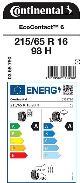 Letná pneumatika Continental EcoContact 6 215/65 R16 98 H Energetický štítok