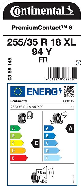 Letná pneumatika Continental PremiumContact 6 255/35 R18 94 Y Energetický štítok