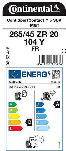 Letná pneumatika Continental ContiSportContact 5 SUV 265/45 R20 104 Y Energetický štítok