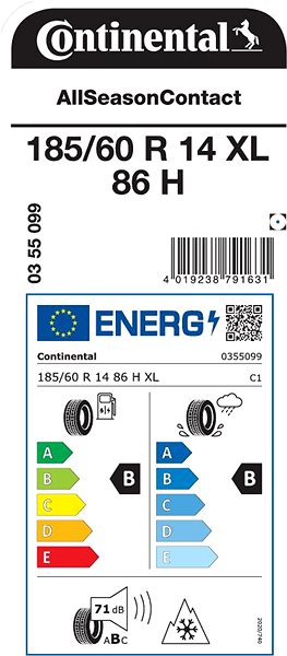 Celoročná pneumatika Continental AllSeasonContact 185/60 R14 86 H Energetický štítok