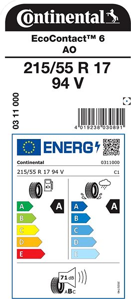 Letná pneumatika Continental EcoContact 6 215/55 R17 94 V Energetický štítok