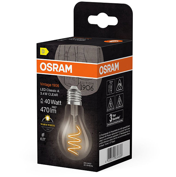 LED bulb OSRAM clear LED bulb E27 3.4W VINTAGE CLASSIC A, warm white .