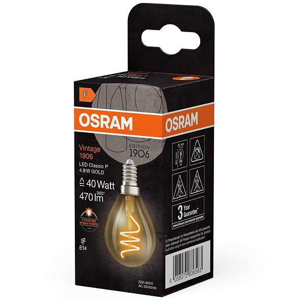 LED-Birne OSRAM LED-Glühlampe gold E14 4,9 W VINTAGE CLASSIC P, warmweiß ...