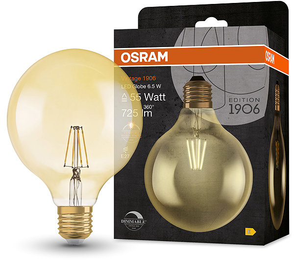 LED bulb OSRAM dimmable LED bulb E27 6,5 W GLOBE VINTAGE, warm white .