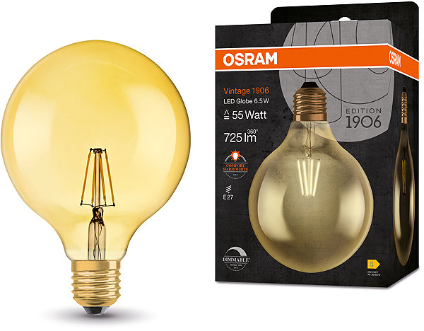 LED bulb OSRAM dimmable LED bulb E27 6,5 W GLOBE VINTAGE, warm white .