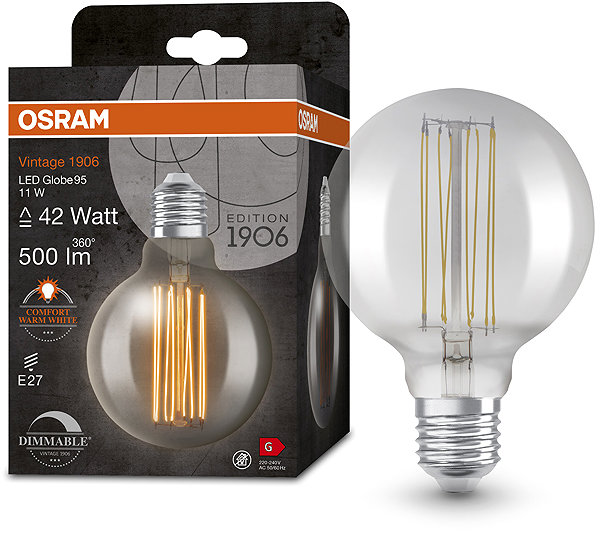 LED bulb OSRAM dimmable LED dimmable bulb E27 11 W VINTAGE GLOBE, warm white .