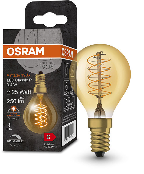 LED bulb OSRAM gold dimmable LED bulb E14 3,4 W VINTAGE, warm white .