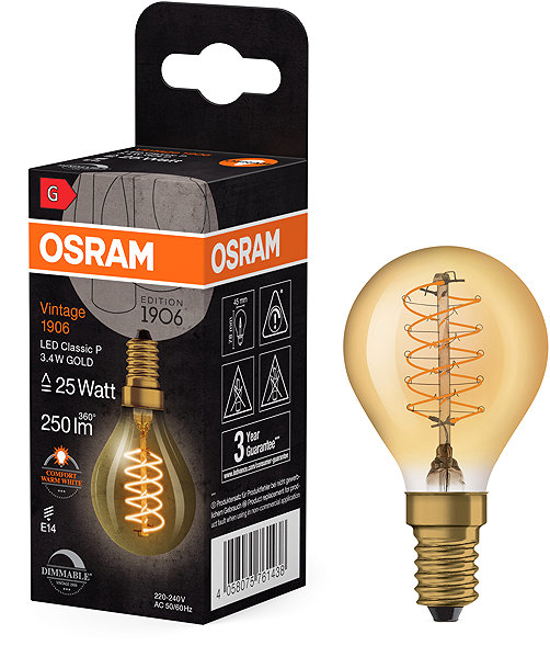 LED bulb OSRAM gold dimmable LED bulb E14 3,4 W VINTAGE, warm white .