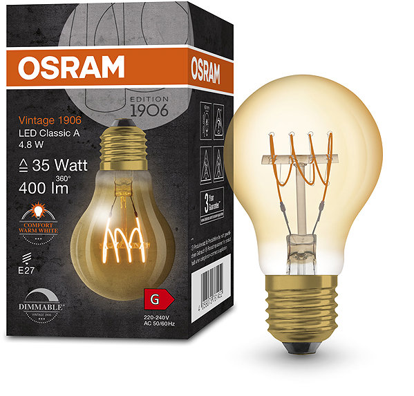 LED bulb OSRAM gold dimmable LED bulb E27 4,8 W VINTAGE, warm white .
