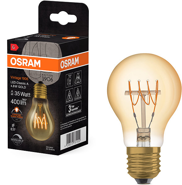 LED bulb OSRAM gold dimmable LED bulb E27 4,8 W VINTAGE, warm white .