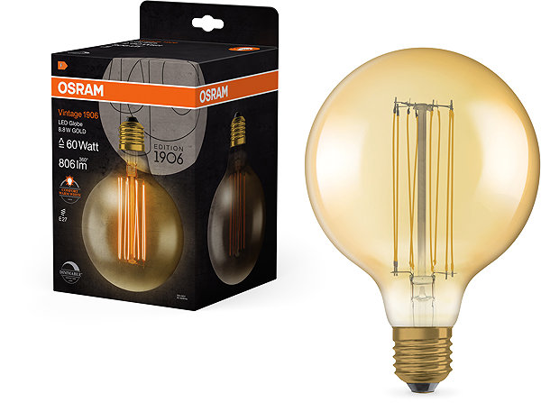 LED bulb OSRAM gold dimmable vintage LED bulb E27 8,8 W GLOBE, warm white .