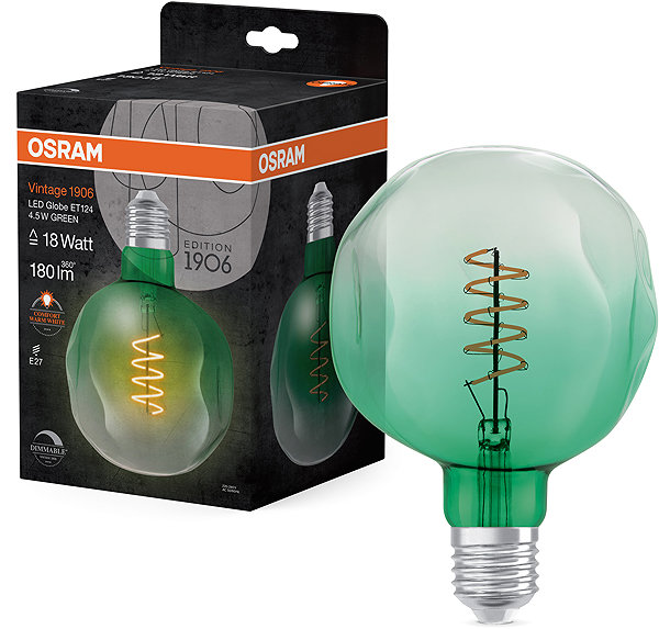 LED bulb OSRAM green vintage LED bulb E27 4,5 W GLOBE, warm white .