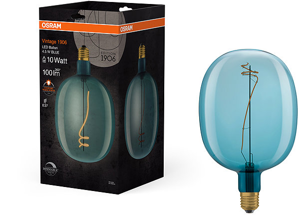 LED bulb OSRAM blue balloon LED dimmable bulb E27 4,5 W VINTAGE, warm white .