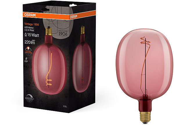 LED bulb OSRAM pink balloon LED dimmable bulb E27 4,5 W VINTAGE, warm white .